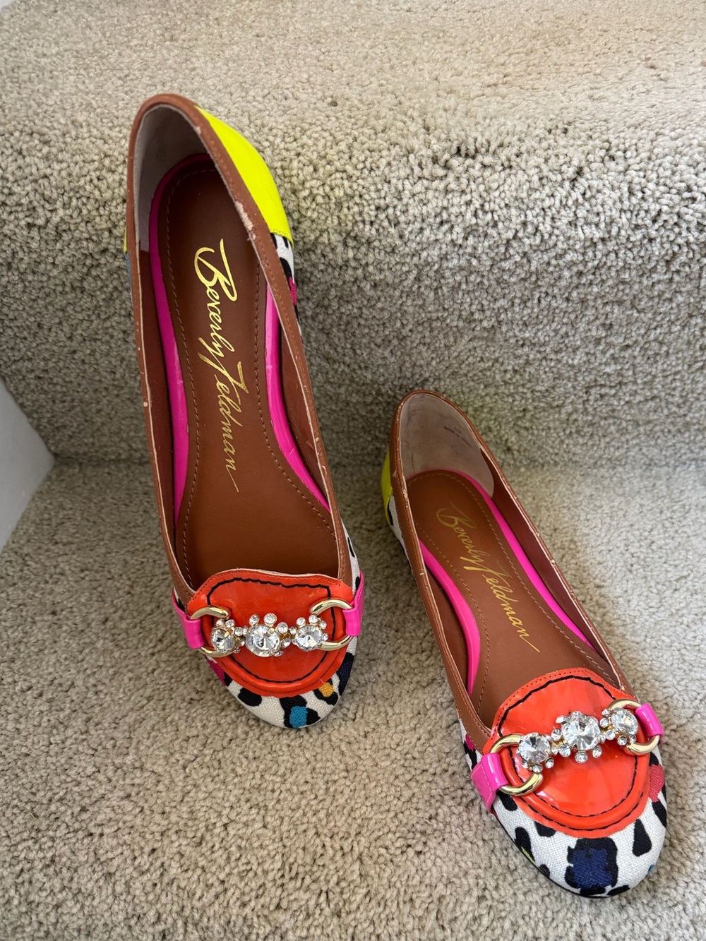 Beverly Feldman Multicolor Leather & Printed Flats - Pink, Orange, Yellow